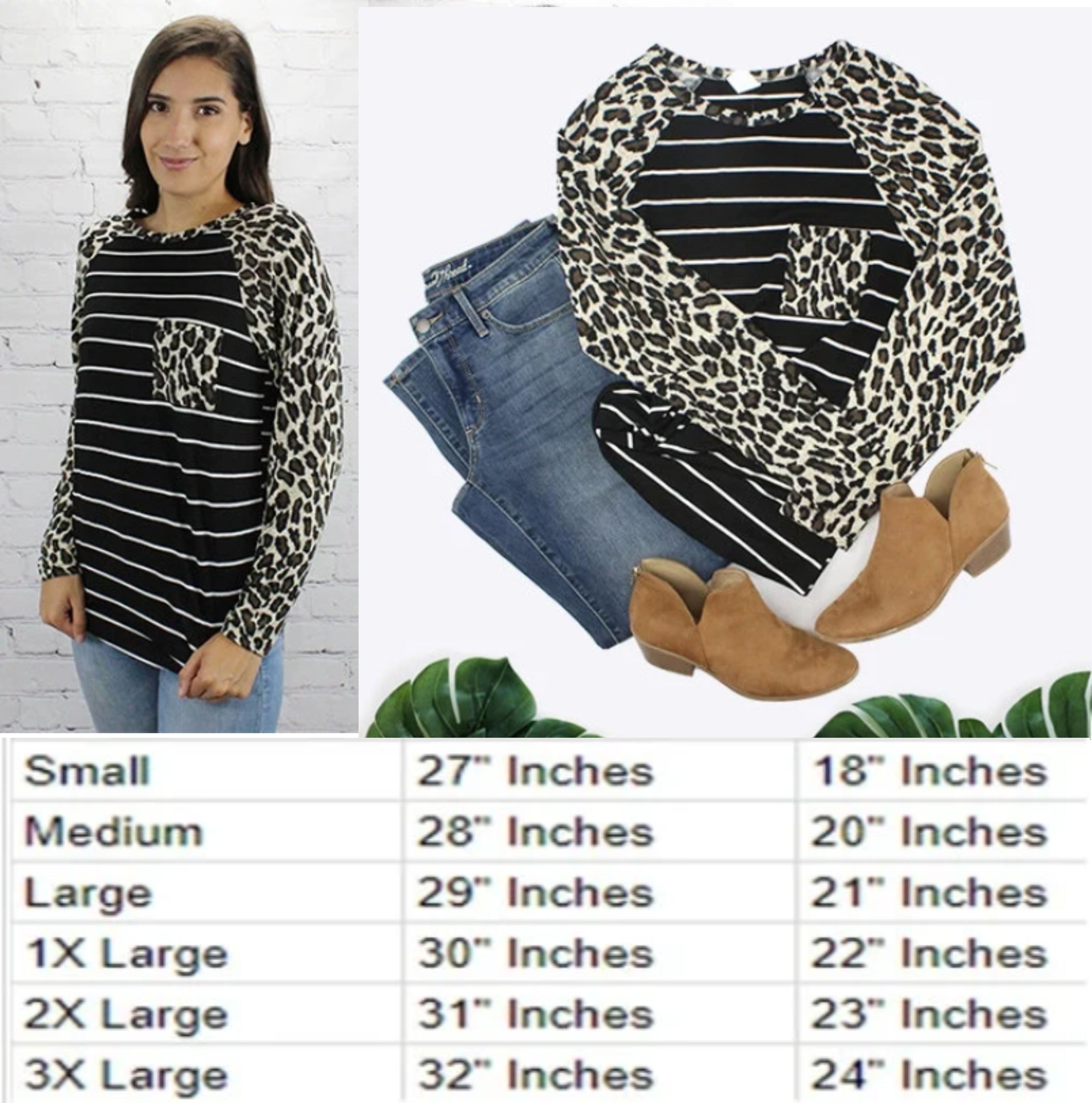 Leopard and Stripes Long Sleeve Top with Pocket 3XL - 10363