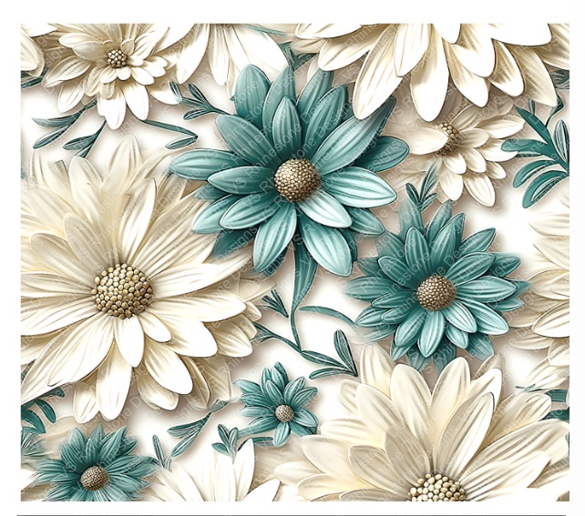 3D Aqua and White Flowers Full Color Skinny Tumbler Wrap