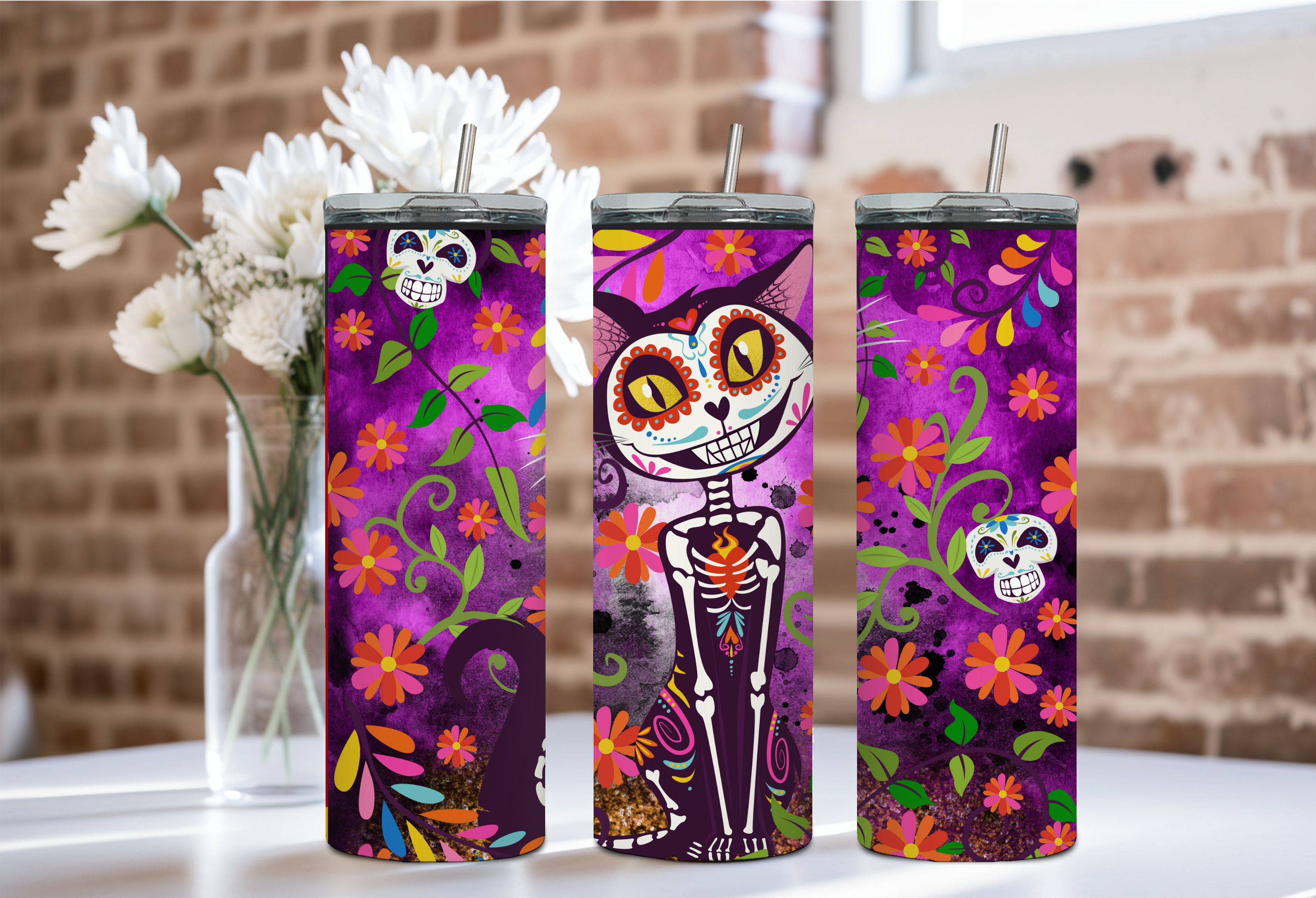 Day of the Dead Cat Full Color Skinny Tumbler Wrap