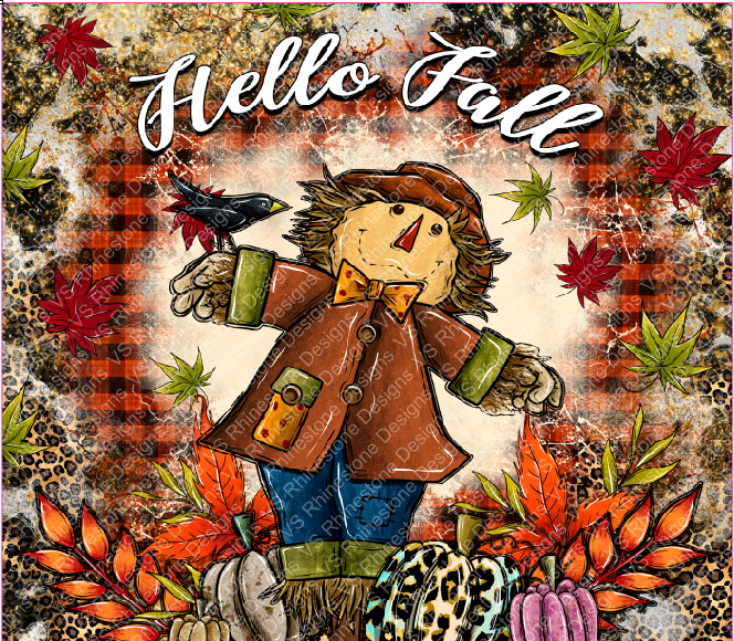 Hello Fall Scarecrow Gingham Full Color Skinny Tumbler Wrap 30oz