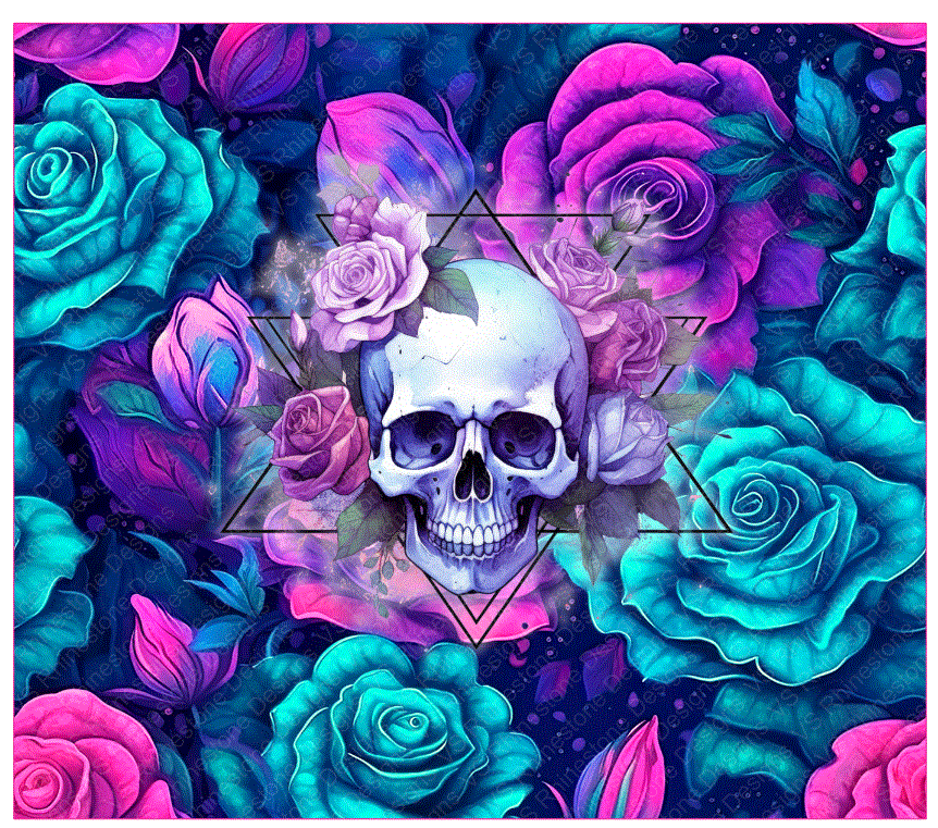 3d Turquoise and Pink Rose Skull Full Color Skinny Tumbler Wrap