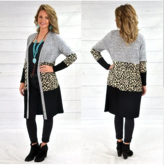 Grey Black and Leopard Long Cover Sweater SMALL
