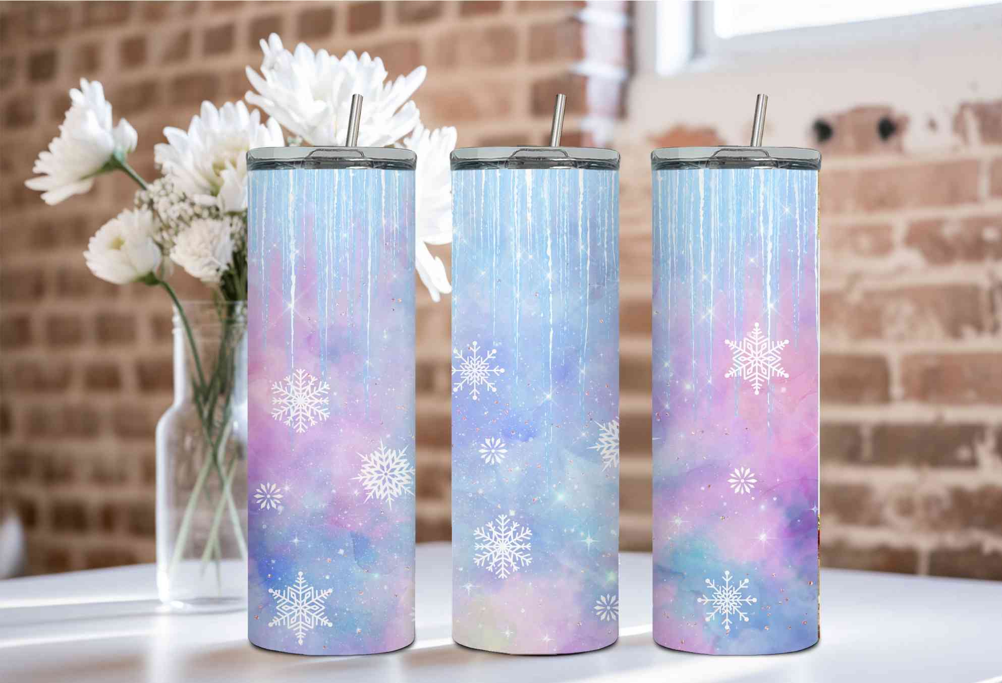 Irridescent Snowflake Drips CLEAR CAST Skinny Tumbler Wrap